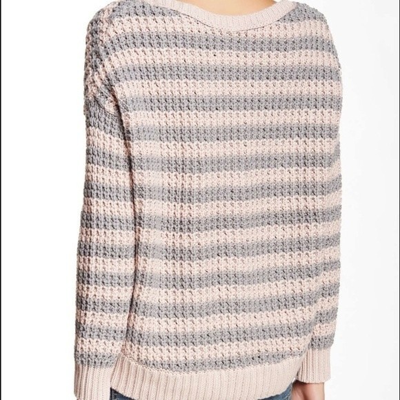 Free People At the Beach Gray Pink Striped Chunky Pullover Sweater NWT SZ M - Picture 2 of 6